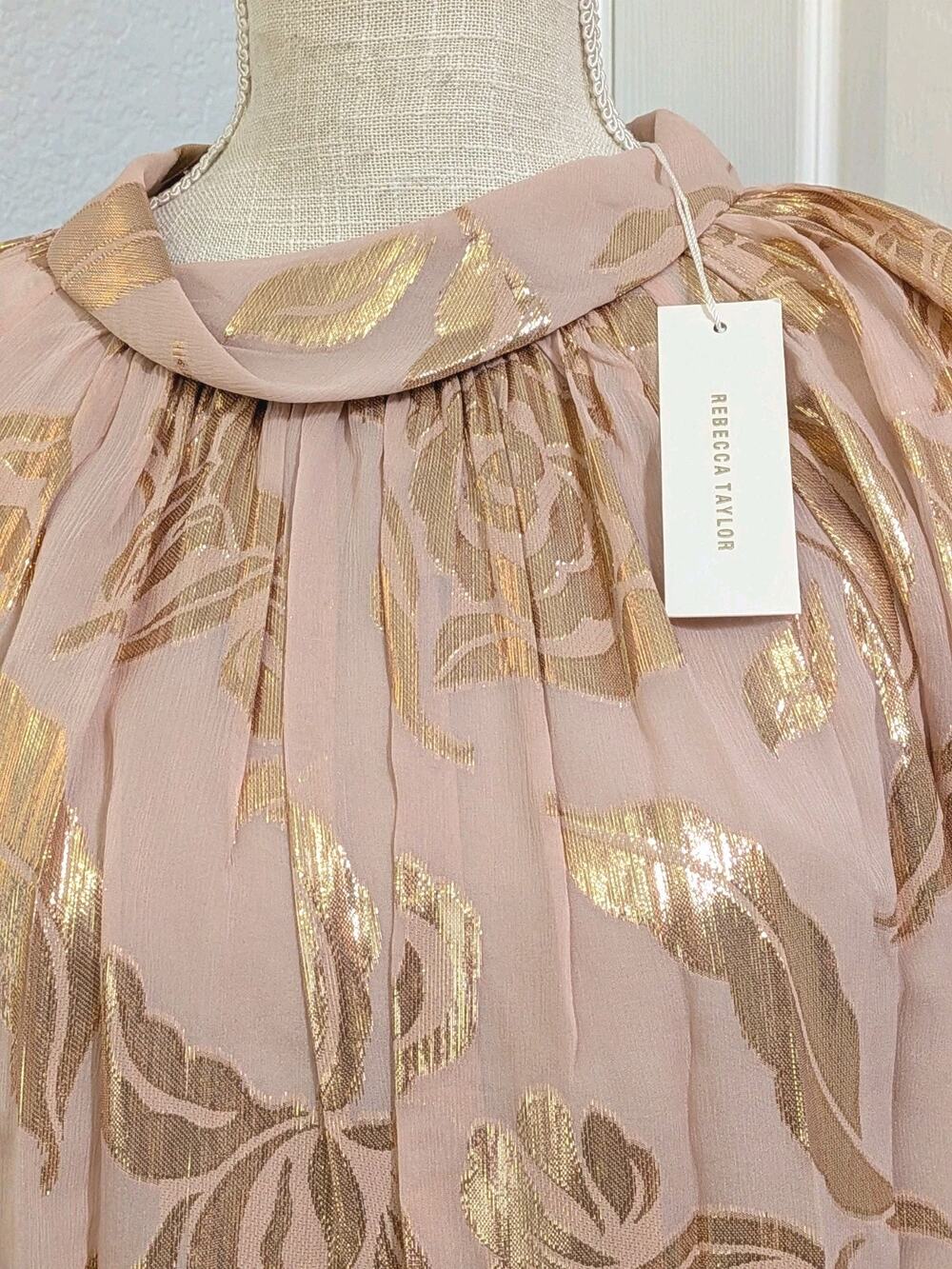 NWT Rebecca Taylor Datura Silk Blend Metallic Gold Pink Floral Blouse Top Sz 14